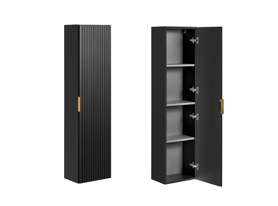 image 1 of Bathroom Cabinets Furniture Set Wall Hung 800mm Vanity Unit with Countertop and Tall Storage Cabinet Black Ribbed Fluted Adel