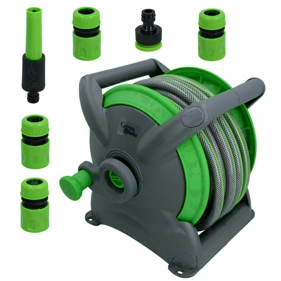image 1 of Garden Compact Wall Hose Reel With 15 Metres Of Hose + 5 Nozzles / Fittings