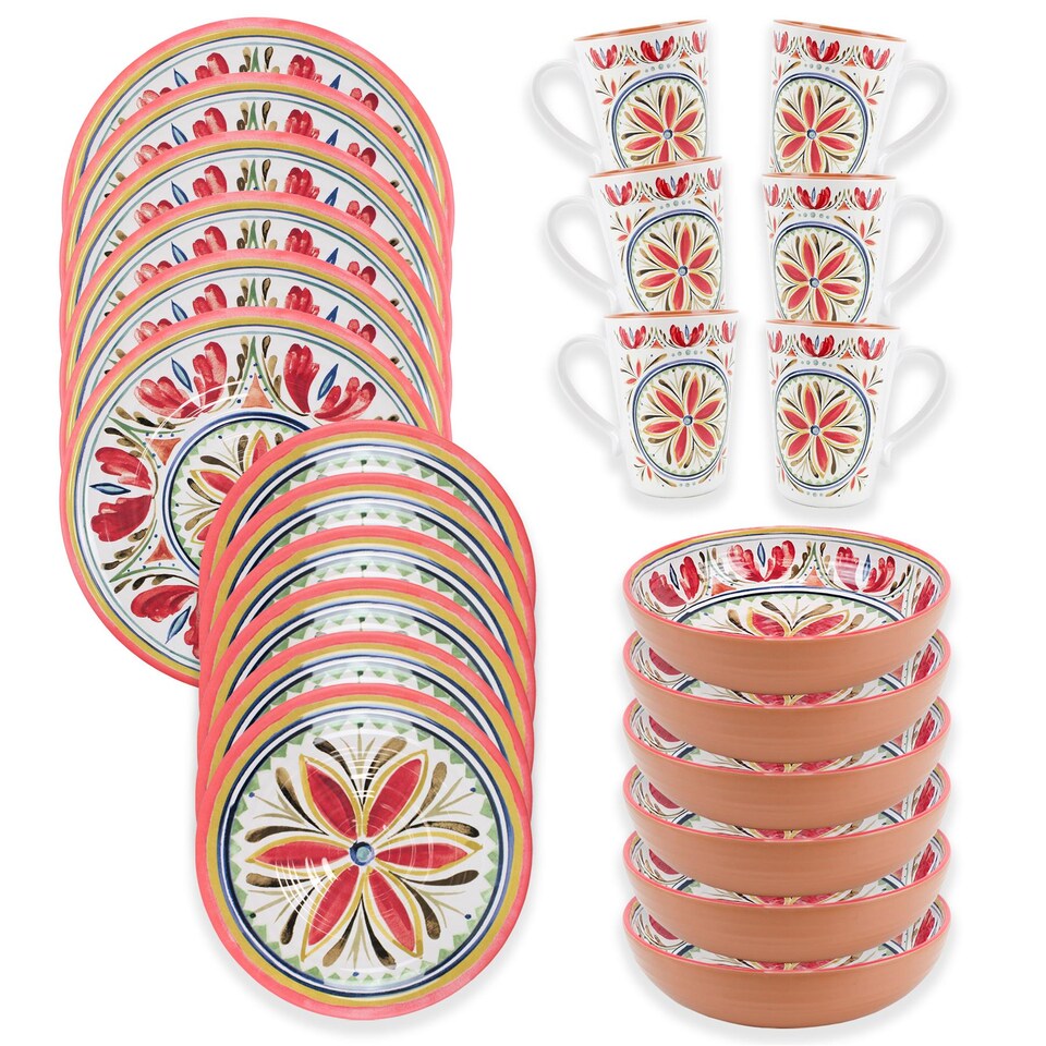 image 1 of Mediterranean 24 Piece Melamine Dinnerware & Mugs Set | Red