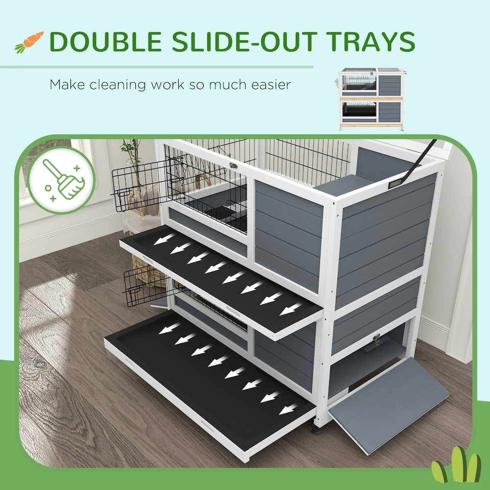 image 1 of PawHut Rabbit Hutch, Indoor Wooden House w/ Wheels, Trays, Grey