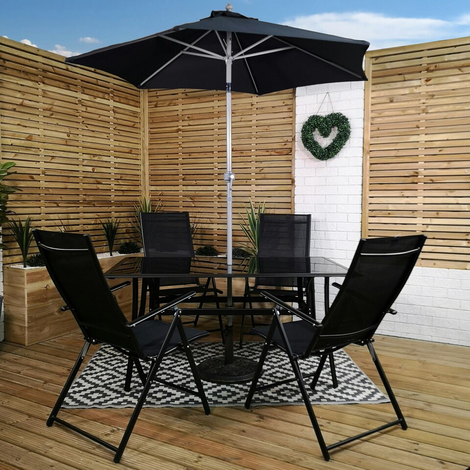 image 1 of Outdoor 4 Person Rectangular Glass Top Garden Patio Dining Table Chairs With Black Parasol and Base Set