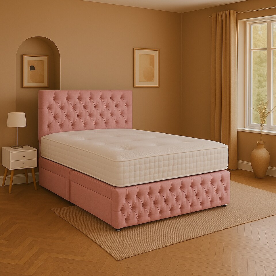 Pink Chestefield Crystal Plush 5ft Kingsize Divan Bed Set Headboard & Footboard - 2 Drawers Right Side Laying in Bed