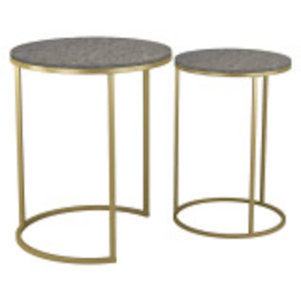 image 1 of 2Pc Round Nesting Stackable Sofa Side Bedside End Table Set Wood Top Metal Legs | Multi | Black Marble Top with Gold Legs