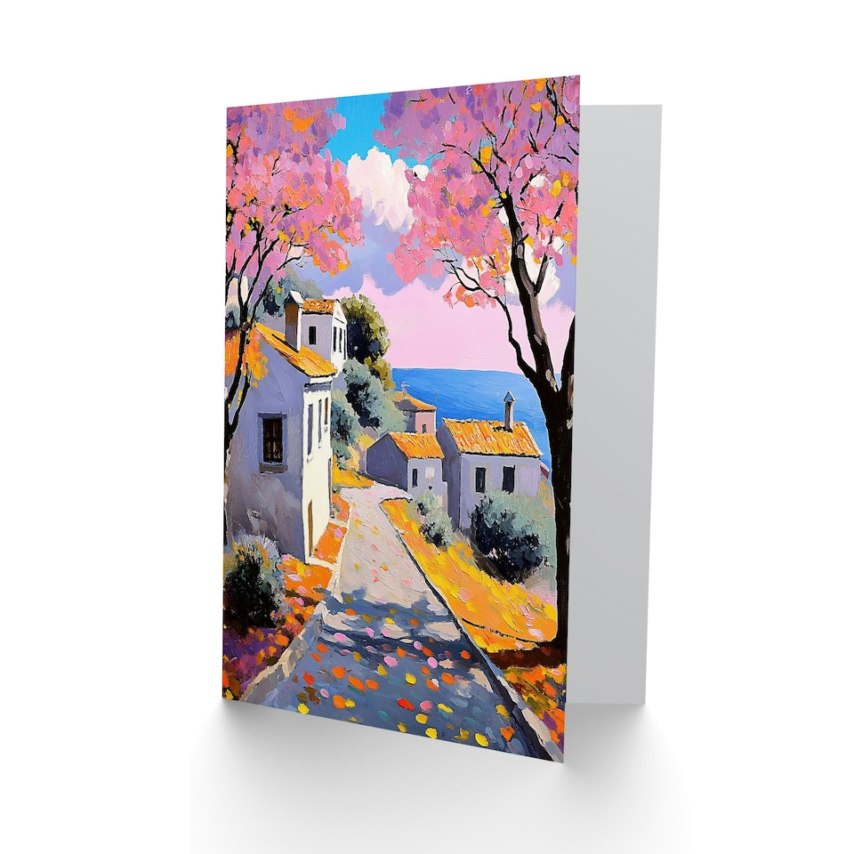 image 1 of French Coastal Village With Cherry Blossoms Trees Birthday Greeting Card