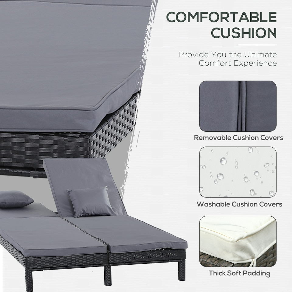 image 1 of Outsunny 2 Person Rattan Lounger Adjustable Double Chaise Chair w/ Cushion Black