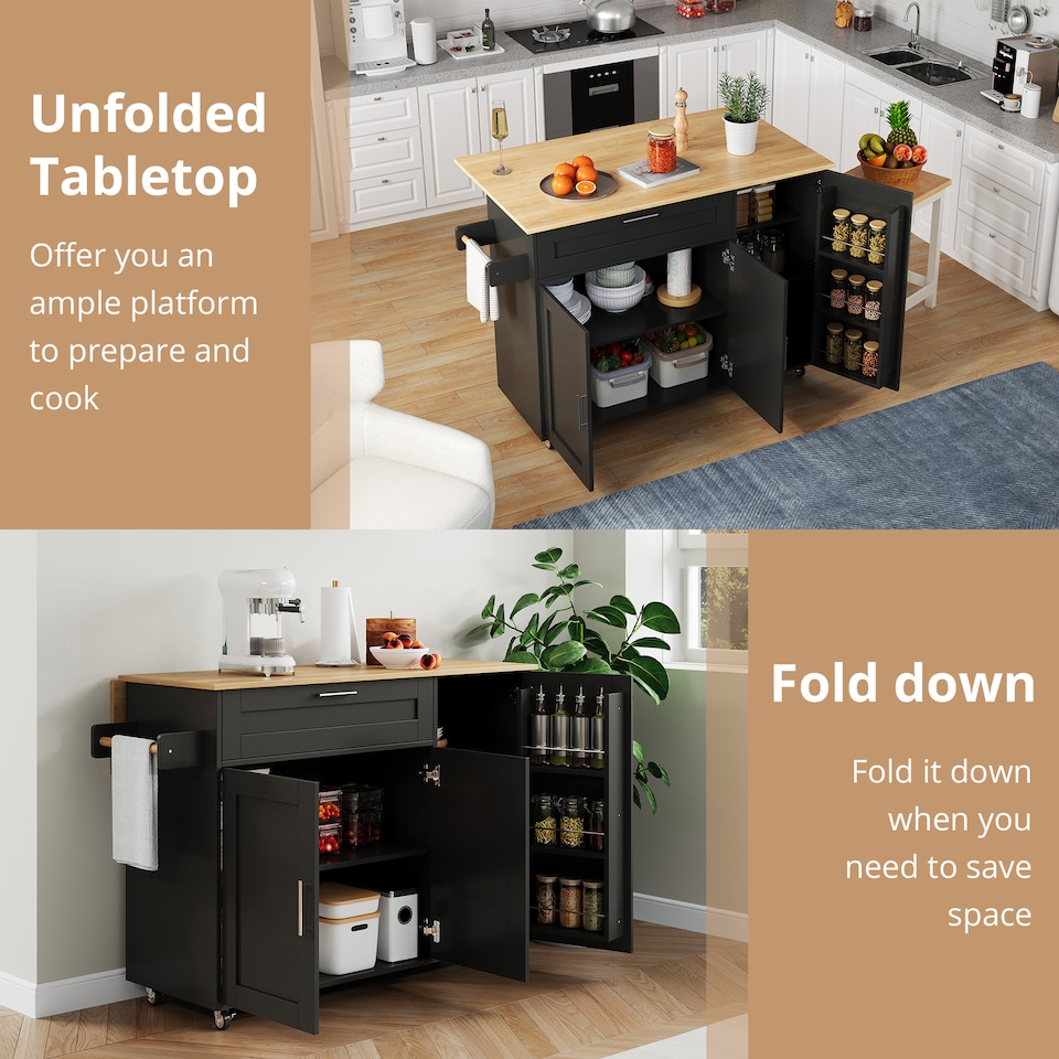 image 1 of VILUXE Mobile Kitchen Island with Foldable Worktop, Drawer, Adjustable Cabinets, 3 Door Spice Racks, Towel Rail and 5 Wheels, Black and Natural Wood