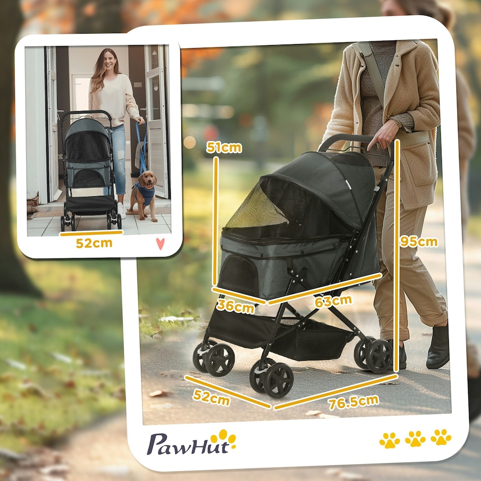 image 1 of PawHut Pet Stroller Dog Foldable Travel Carriage with Reversible Handle, Grey