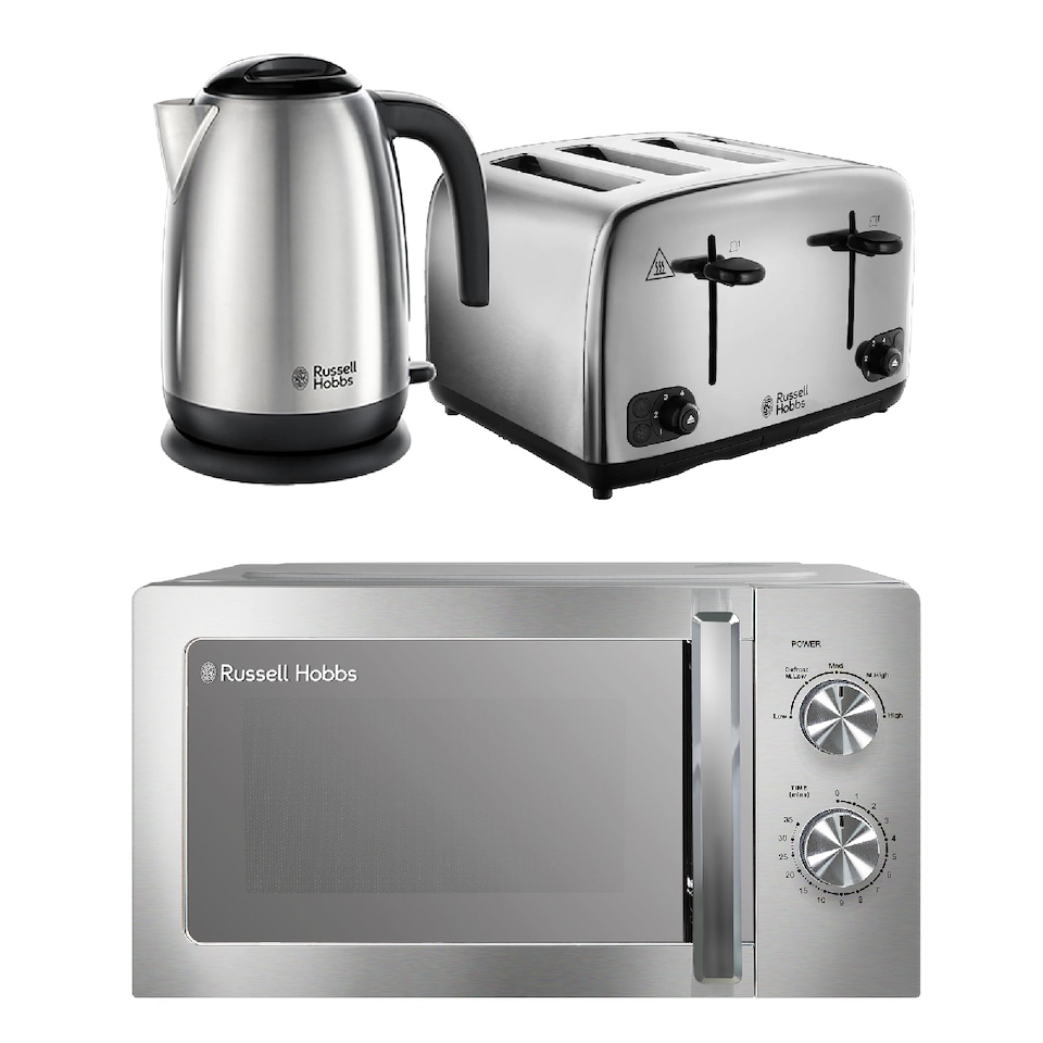 image 1 of Russell Hobbs Brushed Classics Bundle Set with Kettle, 4 Slice Toaster, and Manual Microwave CLCSBNDL4BR