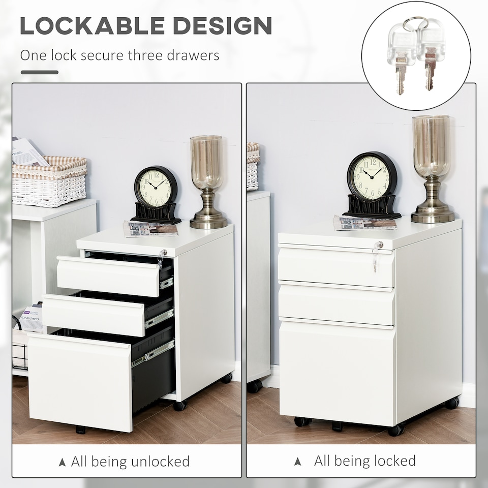 image 1 of Vinsetto 3-Drawer Filing Cabinet, Mobile Metal File Cabinet with Lock and 5 Wheels for A4 Legal Letter Sized Hanging File Folders, Under Desk Drawers, Pre-Assembled Body, 39 x 48 x 60 cm, White