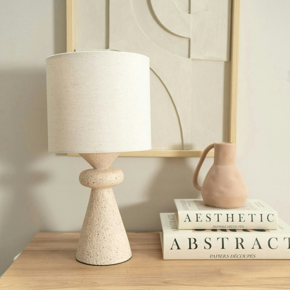 image 1 of ValueLights Cady Pair of Stone Effect Natural Table Lamps with Drum Shades and LED Bulbs Cream