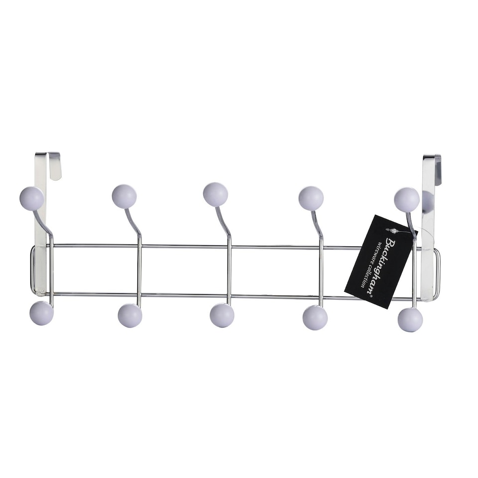 Buckingham Premium Over The Door 10 Hook Coat Hanger with White Plastic Balls