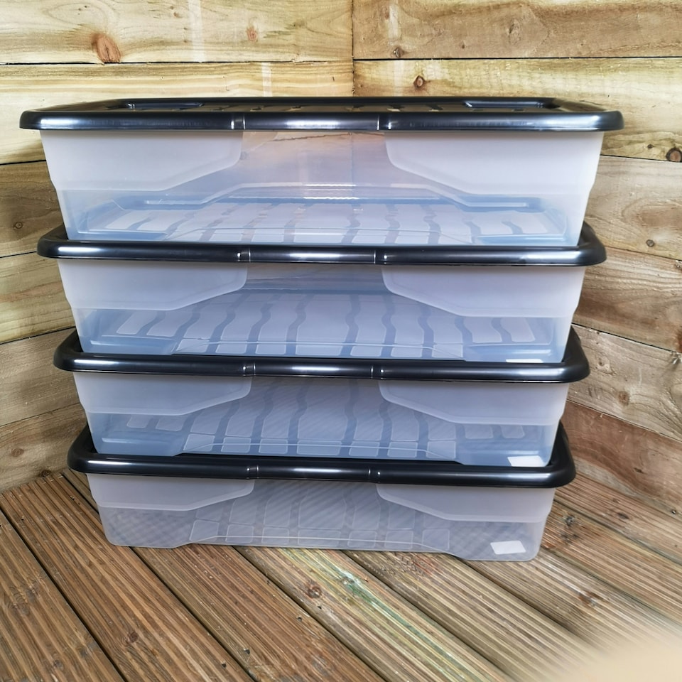 image 1 of 4 x 42L Clear Under Bed Storage Box with Black Lid, Stackable and Nestable Design Storage Solution