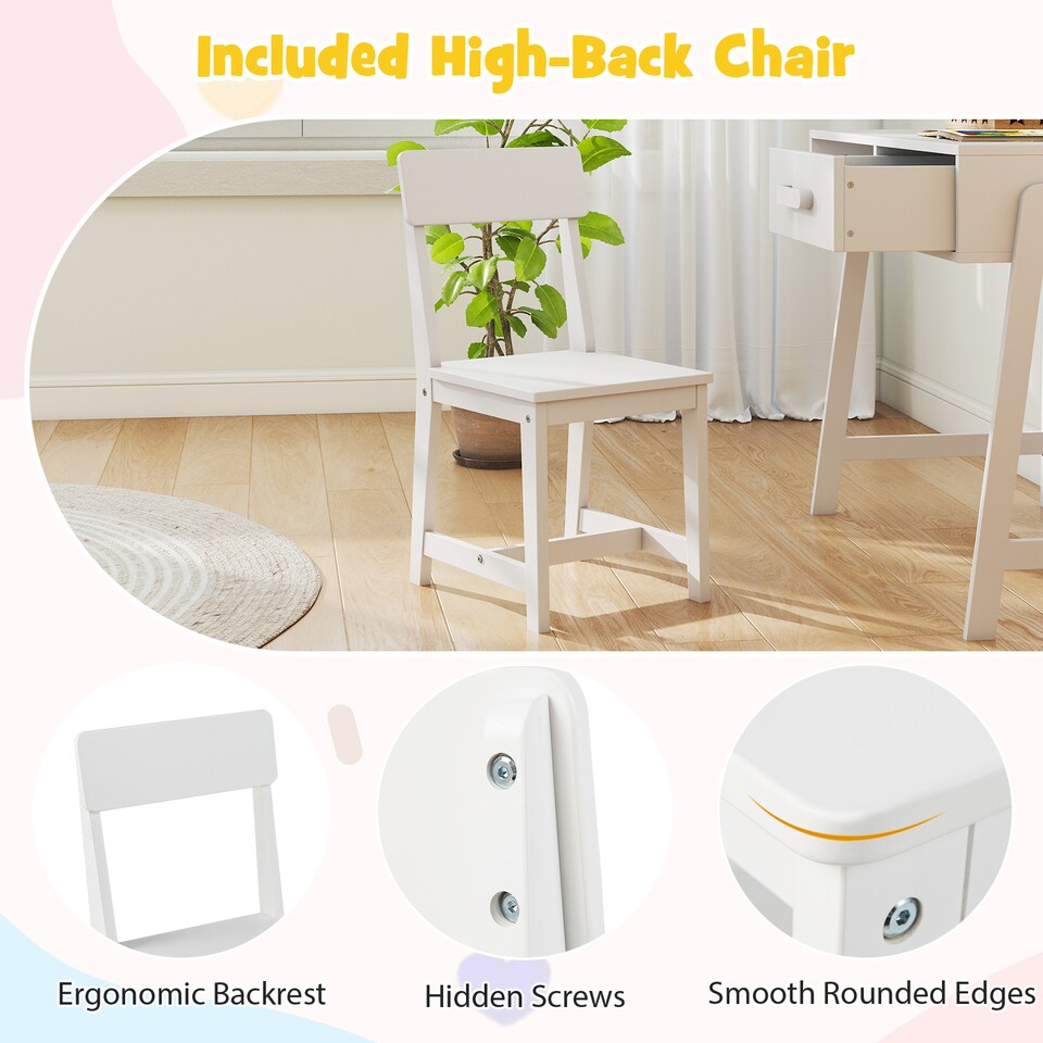 image 1 of COSTWAY Kids Desk and Chair Set with Drawer White