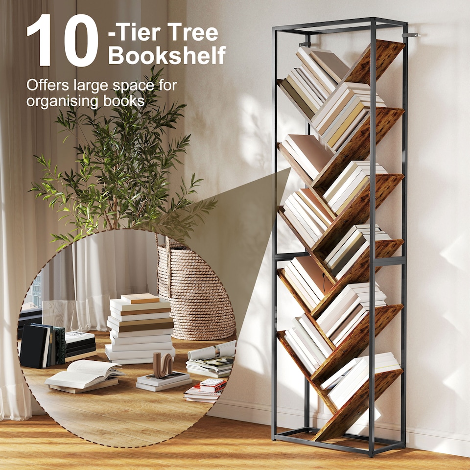 image 1 of HOMCOM Tree Bookshelf, 10 Tier Floor Standing Bookcase, Industrial Tall Display Storage Shelving Unit for Living Room, Home Office, Bedroom, Rustic Brown and Black | Black | Rustic Brown and Black