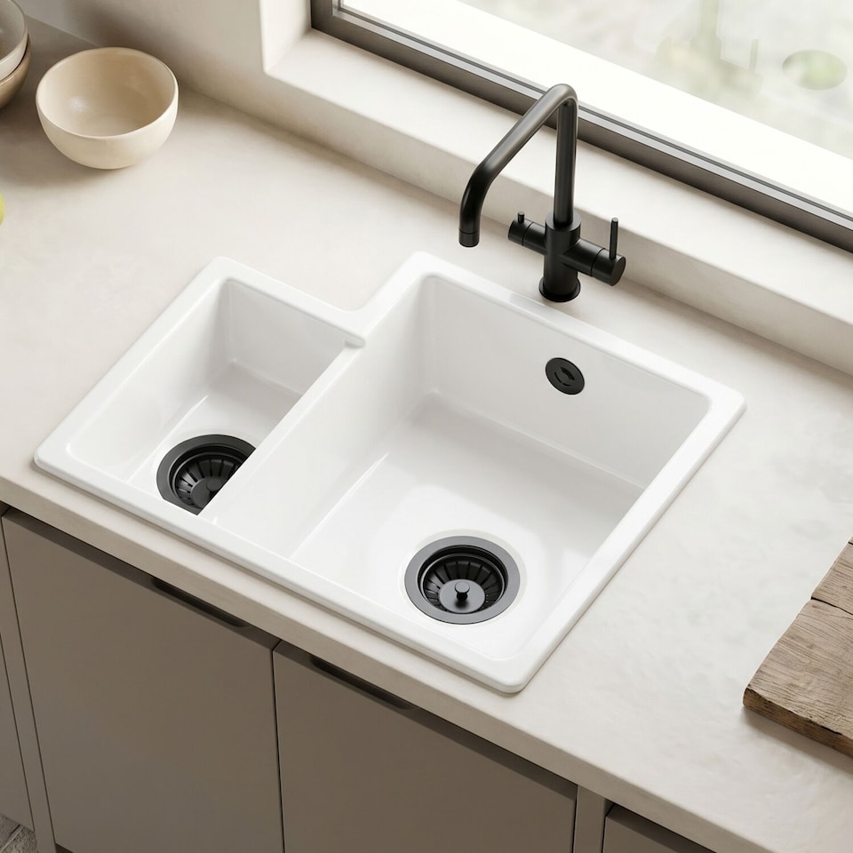 image 1 of Balterley Fireclay 1.5 Bowl Right Hand Undermount Kitchen Sink & Overflow | White | White | 1