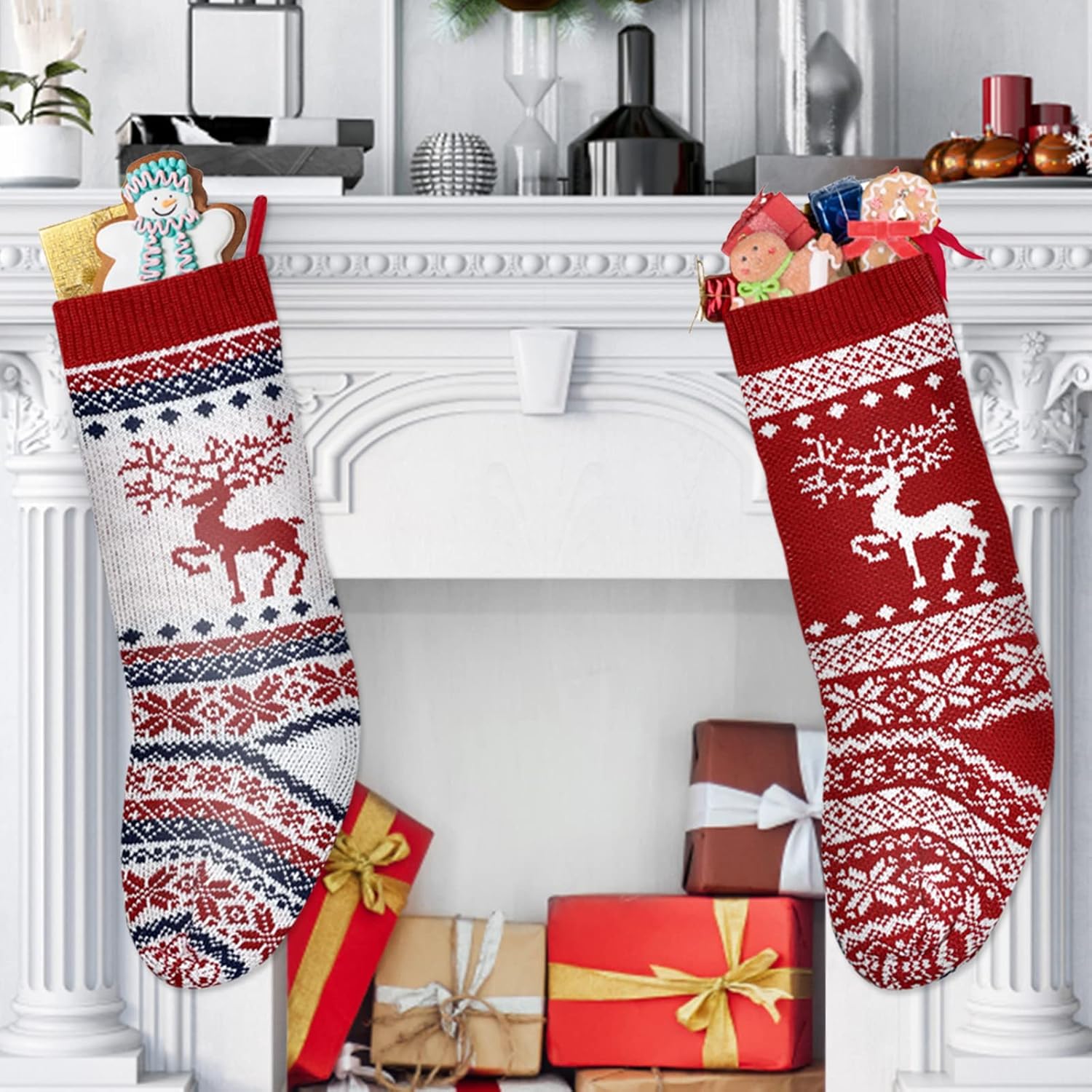 Knitted Christmas Stockings Set of 2, 18 inch Large Christmas Stocking Personalised Knitted Xmas Stocking Hanging for Fireplace Christmas Tree Decorat