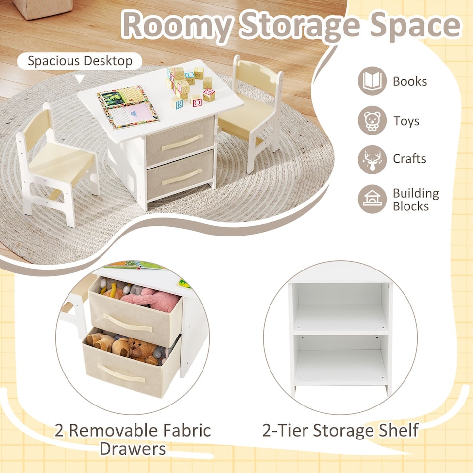 image 1 of COSTWAY Toddler Wooden Activity Table & 2 Chairs Set Cream