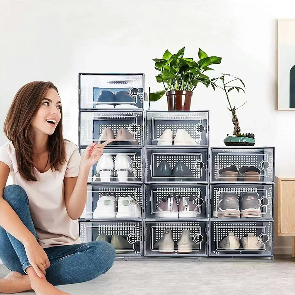 image 1 of Living and Home 12 Pack Plastic Stackable Shoe Storage Boxes