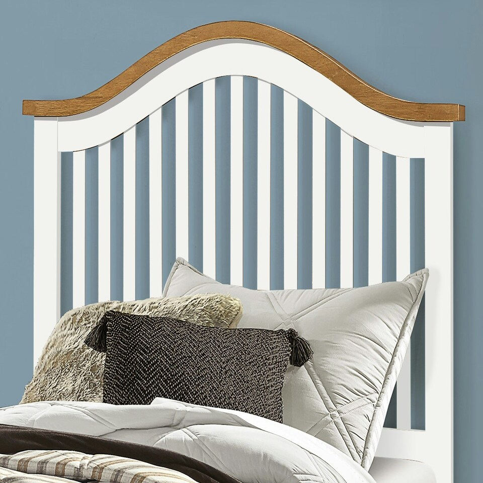 image 1 of 3ft Single White & oak finish chunky, strong solid wood wooden bed frame.Curved headboard head end, low foot end board