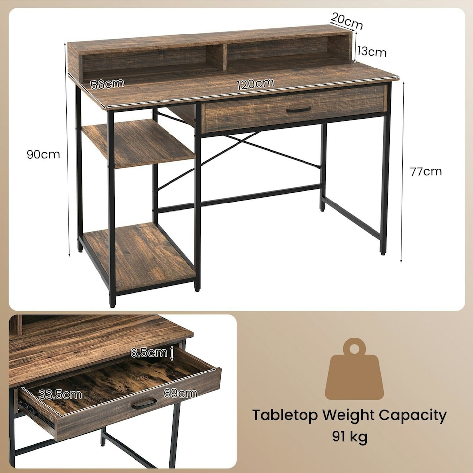 image 1 of COSTWAY Computer Desk Writing Workstation w/Storage Drawer Brown
