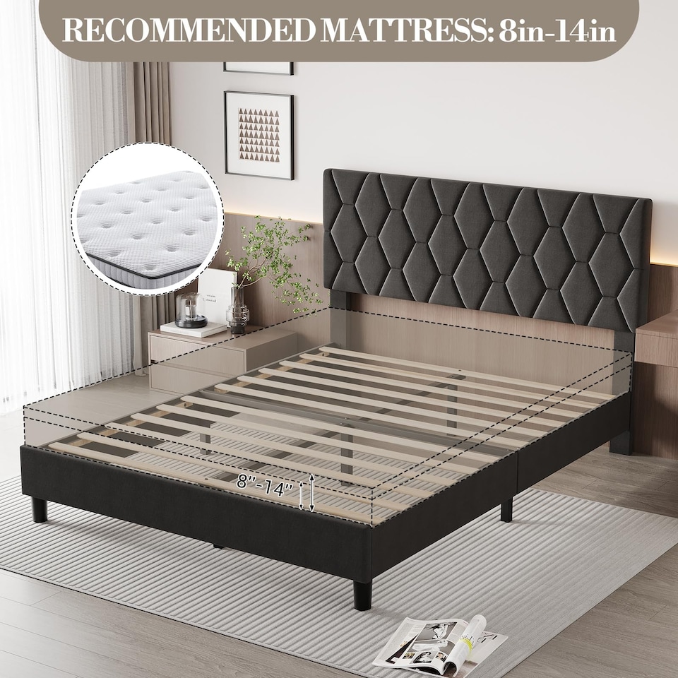 image 1 of London Boutique Upholstered Bed Frame with Adjustable Diamond Tufted Headboard, Wooden Slats Support, Grey/Double, 135 x 190 cm