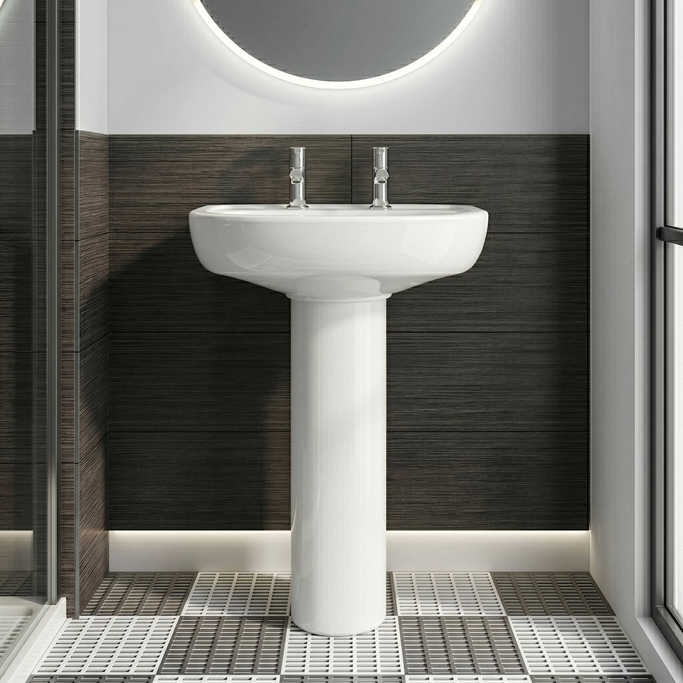 image 1 of Balterley Adley Round 2 Tap Hole Ceramic Basin with Full Pedestal Bathroom Sink Traditional Pillar Tap Design | White | White