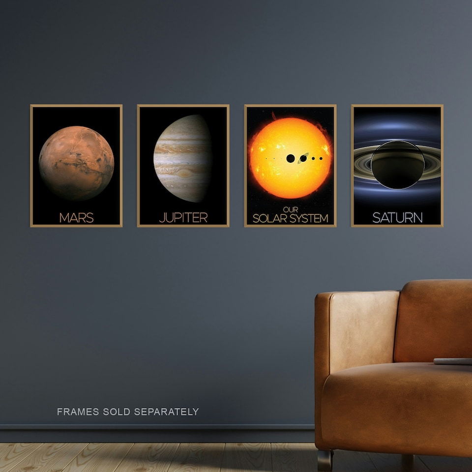 image 1 of Set of 4 NASA Our Solar System Planets Mars Jupiter Saturn Images Wall Art Print A4