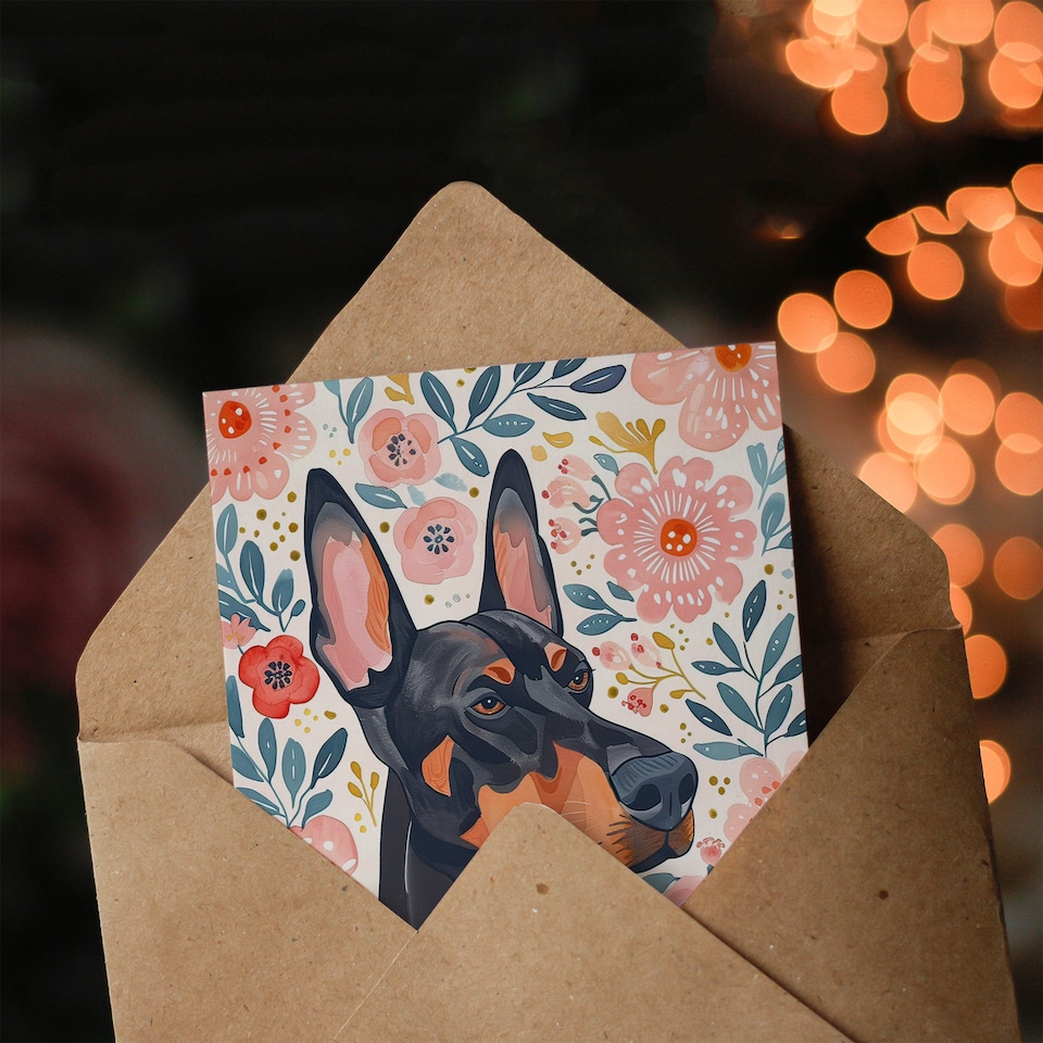 image 1 of Greeting Card Dog Lover Doberman Portrait Pink Floral Folk Art
