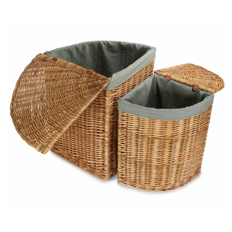image 1 of Large Light Steamed Corner Linen Basket with Grey Sage Lining | Grey | Grey