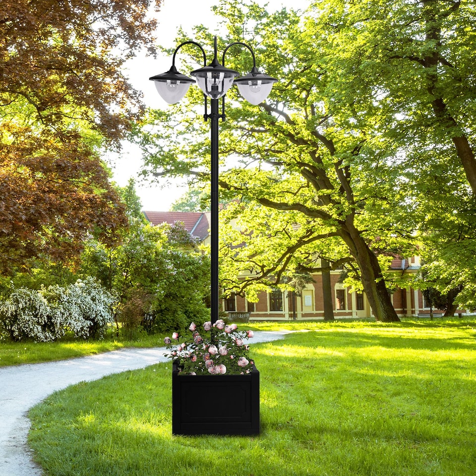 image 1 of Outsunny 3-head LED Solar Light Lamp Street Light Post with Planter Base, Black | Black | Black | 60L x 55W x 189H cm
