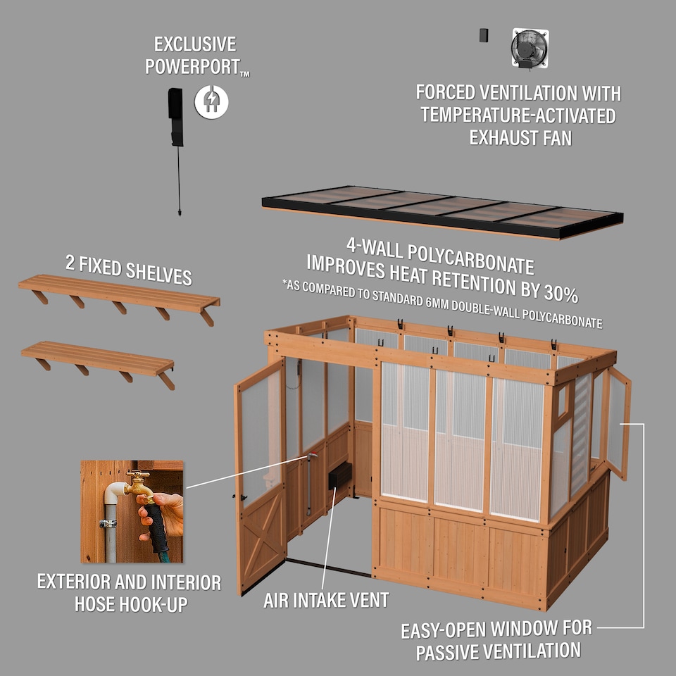 image 1 of Backyard Discovery Willow Cedar Wood Polycarbonate Greenhouse with Powerport 2.9m x 1.9m (9ft x 6ft)