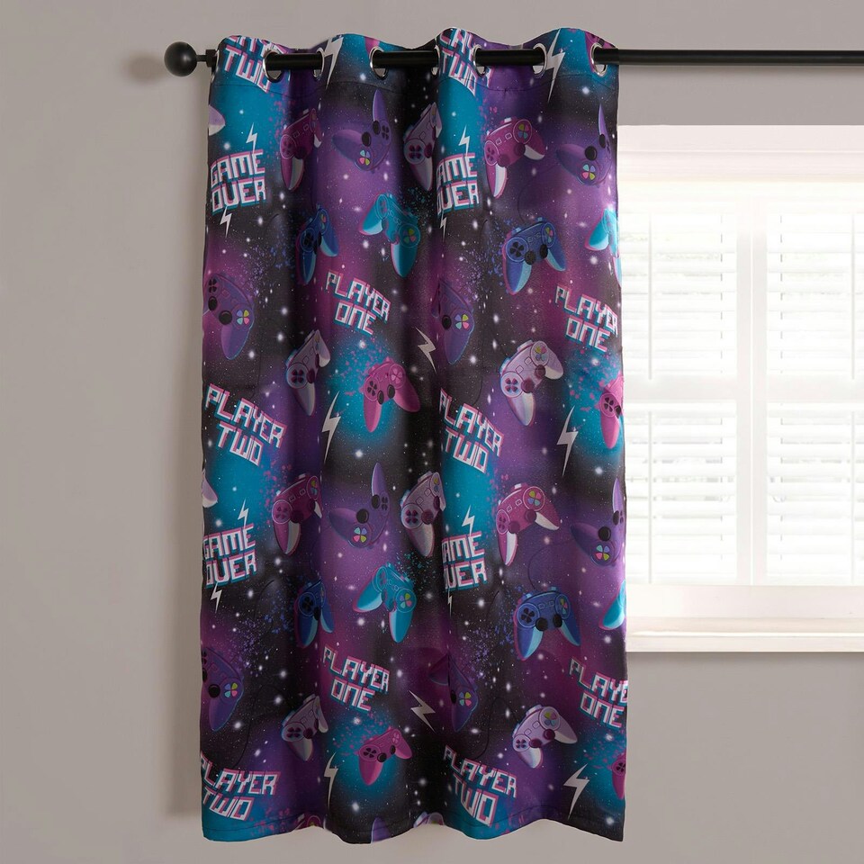 image 1 of OHS Kids Gaming Blackout Eyelet Curtains Ring Top Ready Made Panel Pair, 46x72" Purple | Neon Purple
