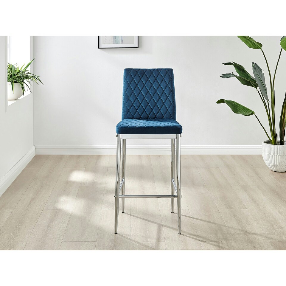 image 1 of Furniturebox 2x Milan Bar Stools Navy Blue Velvet Silver Legs