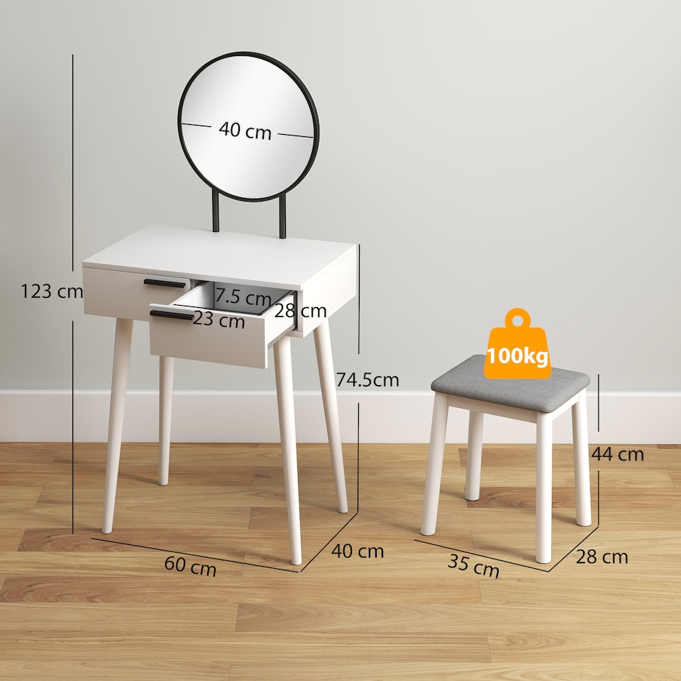 image 1 of HOMCOM Dressing Table Vanity Set Make Up Desk with Mirror & Stool White | White