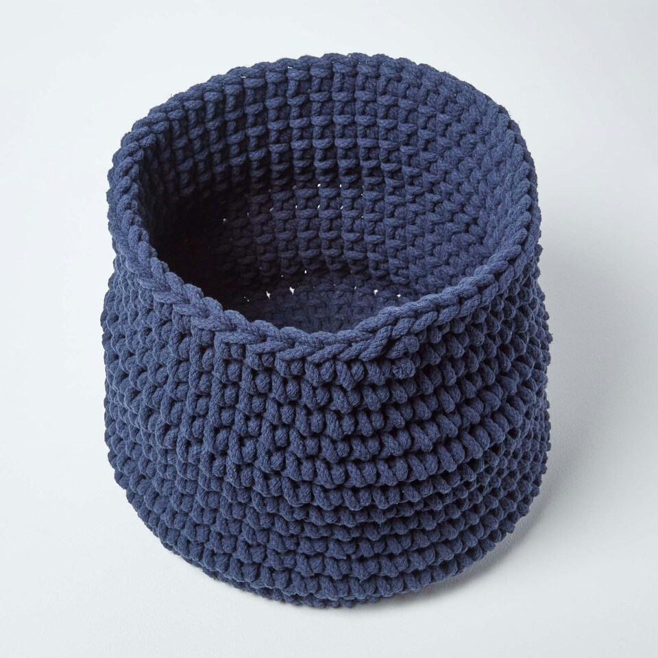image 1 of Homescapes Navy Blue Cotton Knitted Round Storage Basket - 42 x 37 cm Blue | L