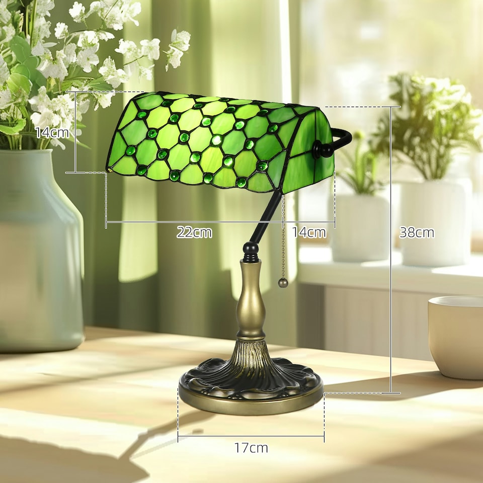 image 1 of HOMCOM Stained Glass Table Lamp, Vintage Lamp with Green Handmade Shade