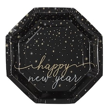 New Year's Eve Black and Gold Stars Octagon Shaped Paper Plates 21cm - Pack of 8