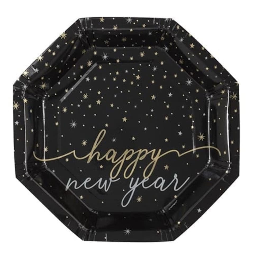 New Year's Eve Black and Gold Stars Octagon Shaped Paper Plates 21cm - Pack of 8