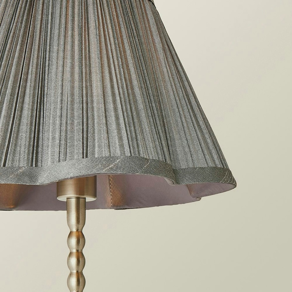 image 1 of ValueLights Maeve Dark Grey Pleated Faux Silk Scallop Shade Brushed Chrome Bobbin Table Lamp Silver