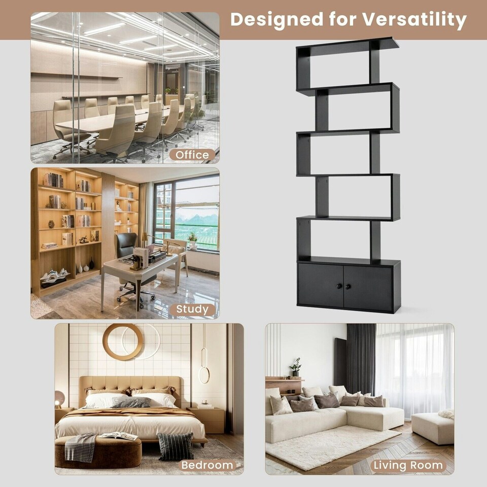 image 1 of COSTWAY 5-tier Bookcase S-Shaped Bookshelf Display Rack Black Black