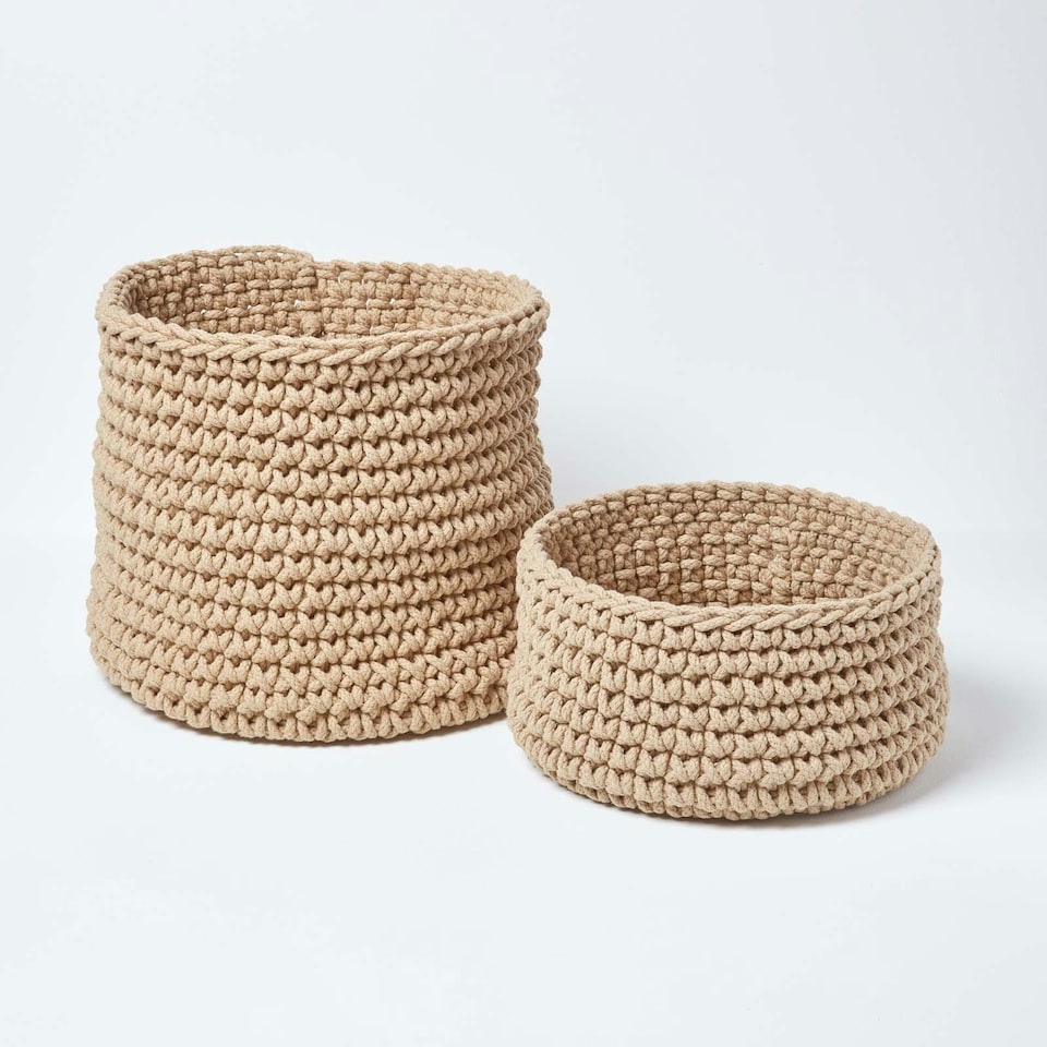 image 1 of Homescapes Linen Cotton Knitted Round Storage Basket - 42 x 37 cm Cream | L