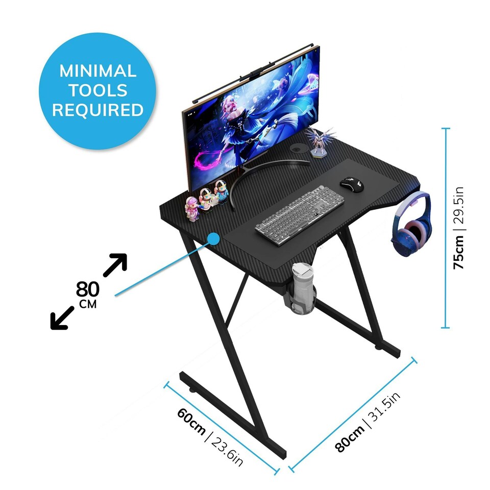 image 1 of House of Home Gaming Desk Carbon Fibre Top Black 80cm Black