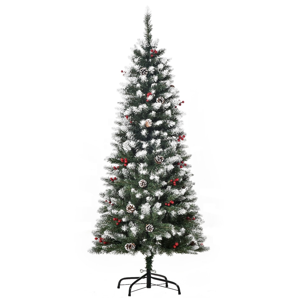 image 1 of HOMCOM 5FT Artificial Christmas Tree mas Pencil Tree with Red Berries and Pinecones Holiday Home Indoor Decoration with Foldable Feet, Green