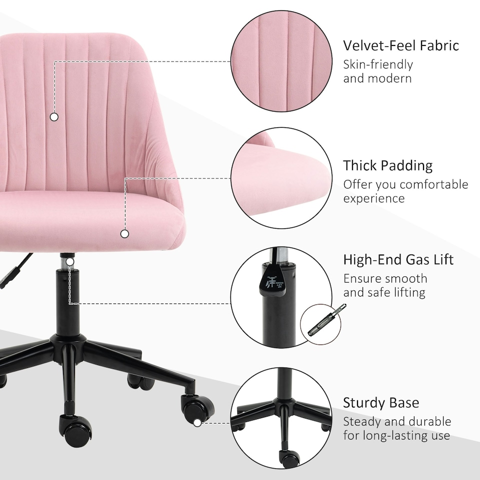 image 1 of Vinsetto Velvet Office Chair with Adjustable Height and Wheels, Pink