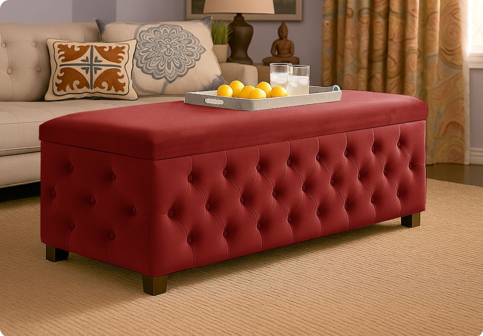 image 1 of 180cm Wide Empire Ottoman Storage Box with Legs, Red Velvet Chesterfield Upholstered Ottoman Footstool Coffee Table