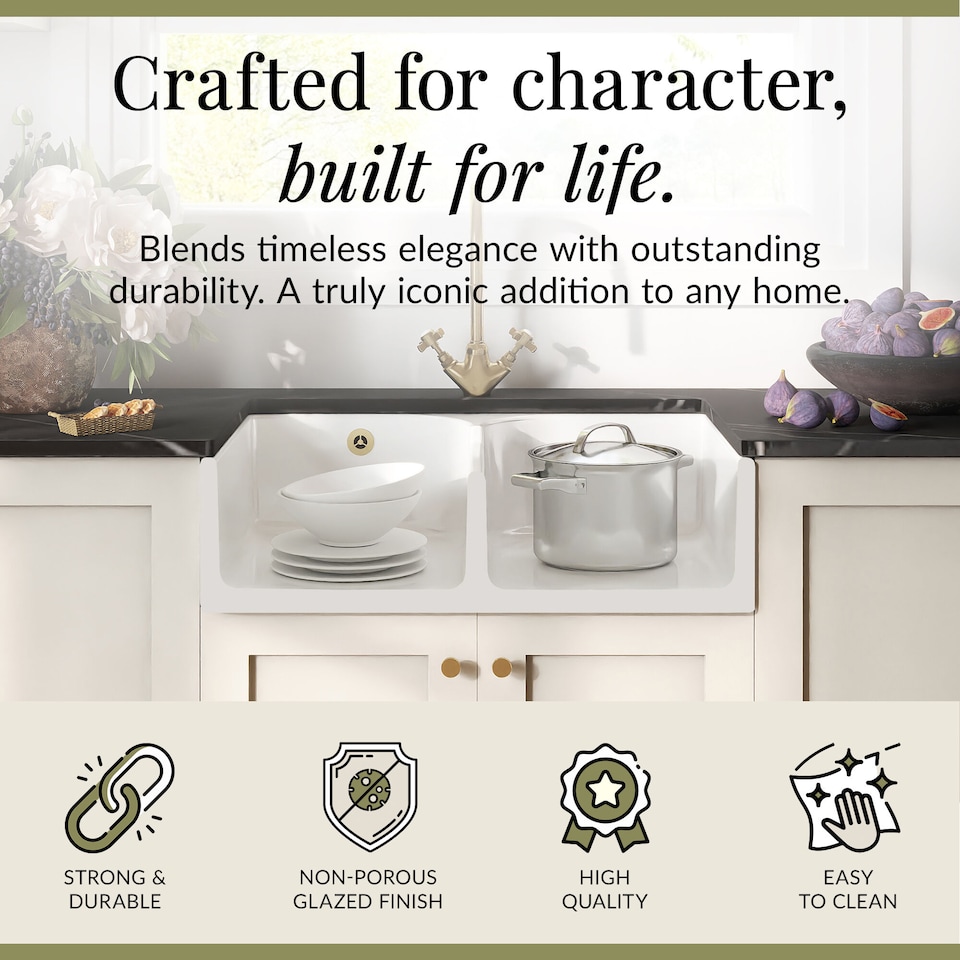 image 1 of Balterley Fireclay Kitchen Sink Bundle - 2 Bowl Butler Sink with Stepped Weir, Wastes & Crosshead Tap