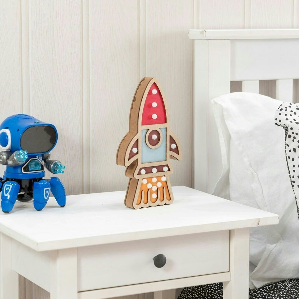 image 1 of ValueLights Kids Battery Powered Wooden Rocket Wall or Table Lamp