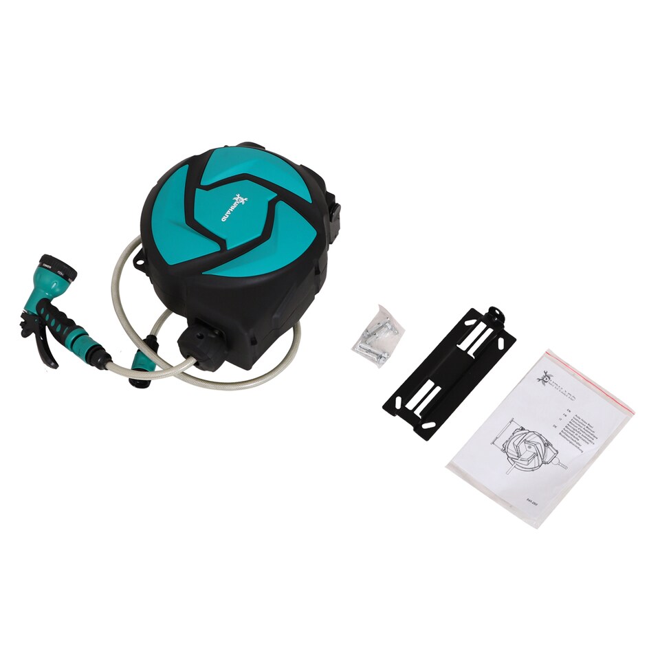 image 1 of DURHAND 10m Garden Hose Reel Wall Mounted Auto Rewind with 7 Patterns Spray Nozzle, Includes Wall Fixings