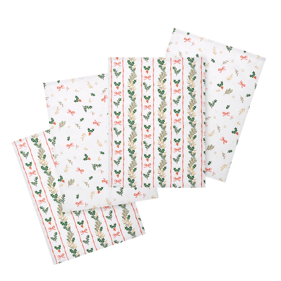 image 1 of Catherine Lansfield Christmas Holly Stripe Cotton Kitchen Tea Towel Pack of 4