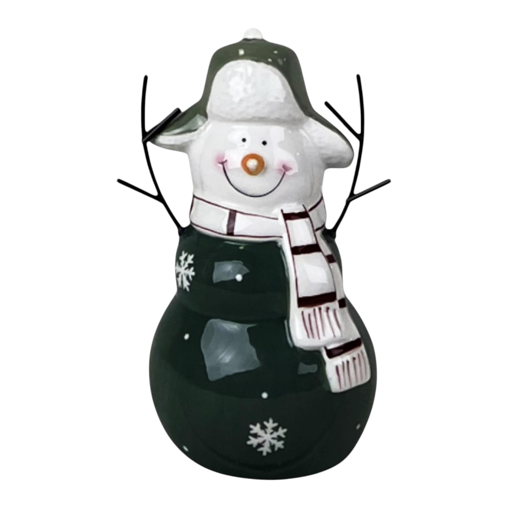 Four Candle Dark Green & White Ceramic Snowman Christmas Decoration
